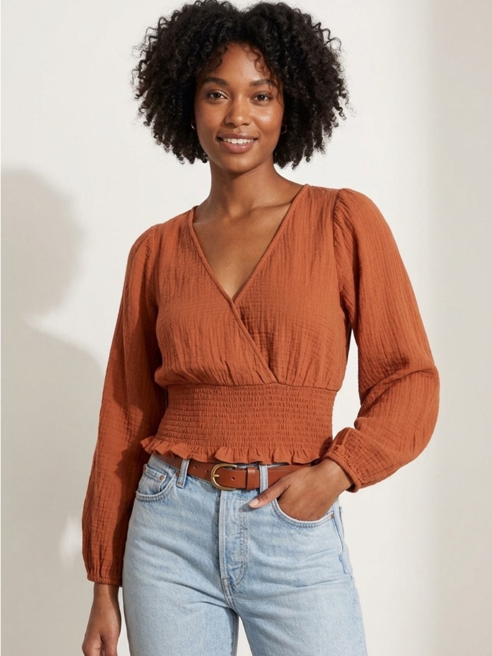 Madewell Lightspun Julianne Smocked Wrap Top L Burnt Orange Long Sleeve